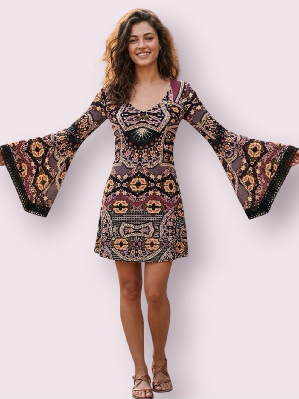 Patrons Of Peace Bohemian Mini Dress Extreme Bell Sleeves Back Cutouts Size XS